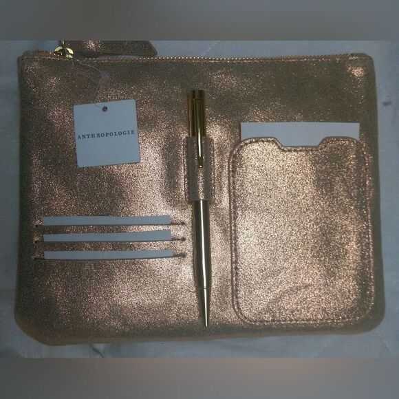 🛍️ Anthropologie Gold Glitter Leah Leather accessory Pouch - Picture 5 of 10